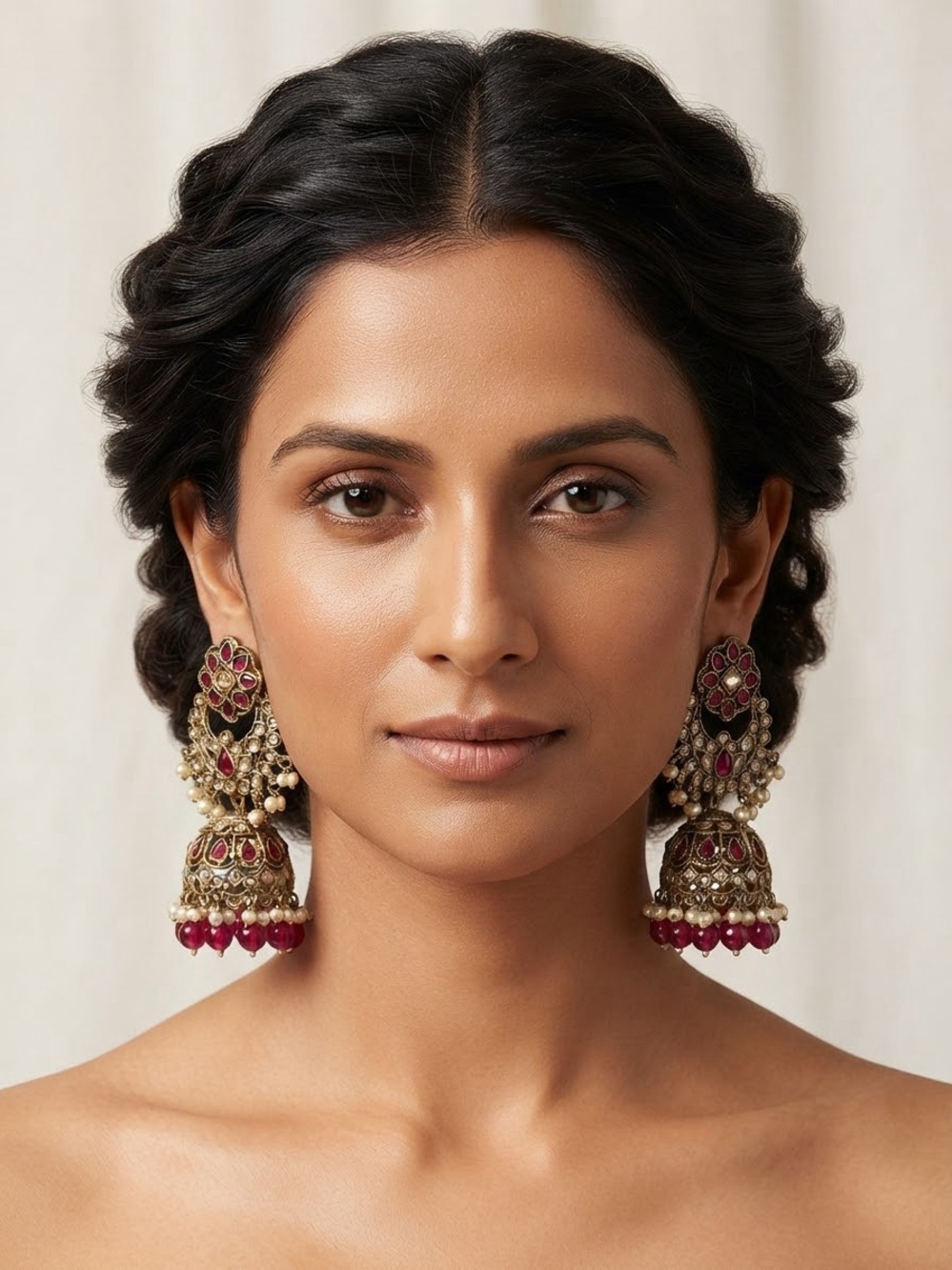 Gold-Tone Jhumka Earrings with Ruby Red Accents - Women Jewelry